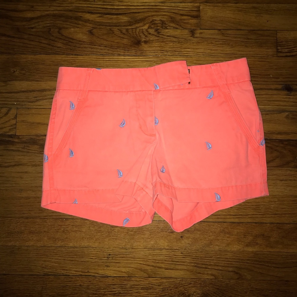 Bright Coral J Crew Chino Shorts with Sailboats